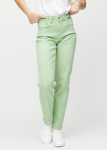 Hellgrüne regular jeans, Modellname Mints, die gerade am Bein herunterfallen, von vorne gesehen.