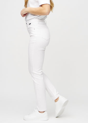 Slim-Jeans für Damen in Weiß, Farbe Marguerites. Seitenansicht an einem Model.