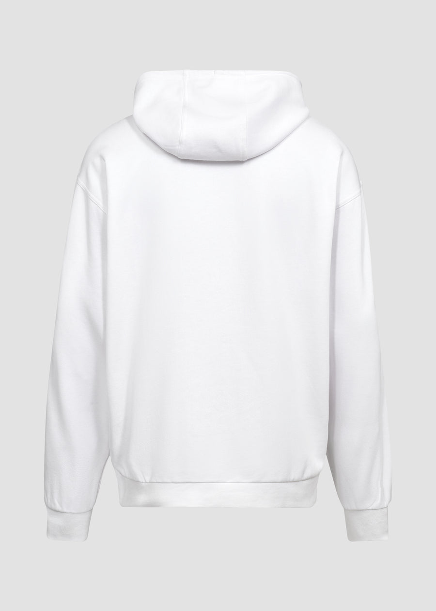 Hvid unisex hoodie fra Perfect Jeans, set bagfra.